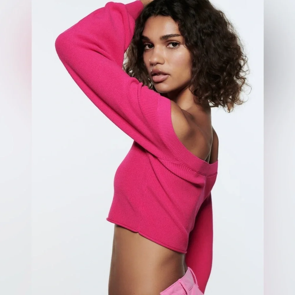 ZARA pink baloon sleeve cropped sweater NWT